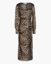 Ganni Ruched leopard-print silk-blend satin midi dress - Animal print Animal