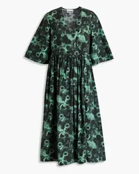 Ganni Wrap-effect floral-print cotton-poplin midi dress - Green Green