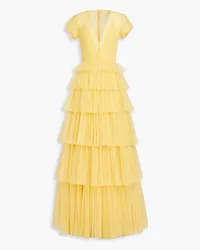 COSTARELLOS Tiered pleated tulle gown - Yellow Yellow