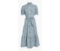 Tiered floral-print cotton-blend poplin midi shirt dress - Blue