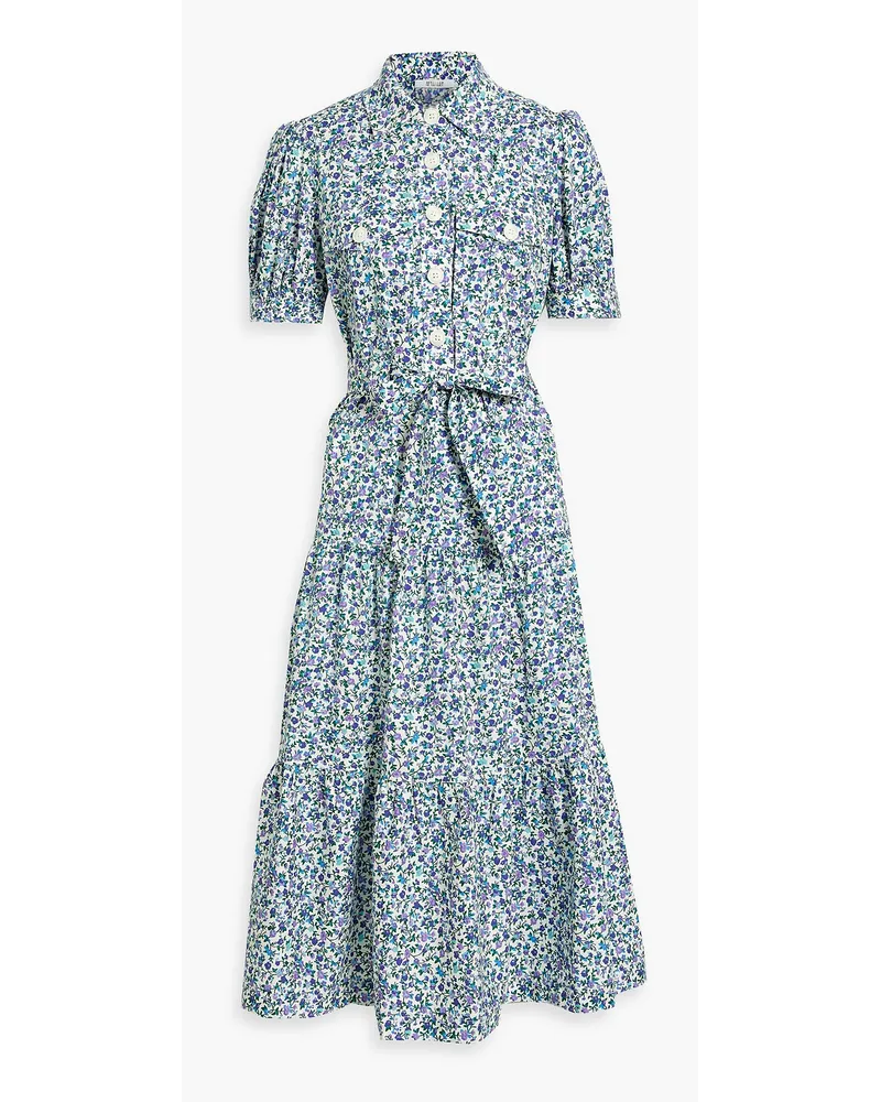 Tiered floral-print cotton-blend poplin midi shirt dress - Blue
