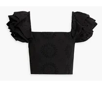Alice Olivia - Tawny cropped ruffled broderie anglaise cotton and linen-blend top - Black