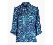 Ruffled floral-print silk-twill shirt - Blue