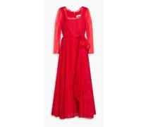 Belted Chantilly lace-paneled silk-organza midi dress - Red