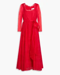 Valentino Garavani Belted Chantilly lace-paneled silk-organza midi dress - Red Red