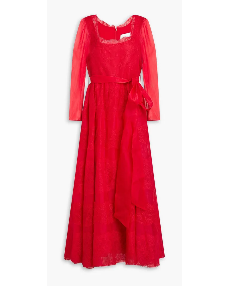 Valentino Garavani Belted Chantilly lace-paneled silk-organza midi dress - Red Red