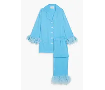 Party feather-trimmed crepe de chine pajama set - Blue