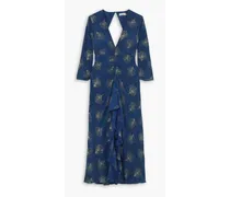 Rose cutout ruffled glittered silk-crepe midi dress - Blue