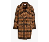 Double-breasted checked brushed wool-blend felt coat - Brown