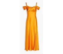 Cold-shoulder pleated silk-satin maxi dress - Yellow