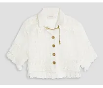 Cropped linen and silk-blend organza and crocheted lace jacket - White