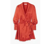 Ruffled silk-satin mini wrap dress - Red
