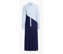 Striped cotton-poplin paneled ribbed-knit midi shirt dress - Blue