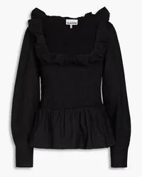 Ganni Smocked cotton-poplin blouse - Black Black