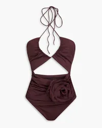 Magda Butrym Appliquéd cutout ruched halterneck swimsuit - Burgundy Burgundy