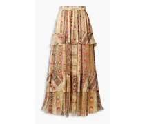 Tiered floral-print silk crepe de chine maxi skirt - Neutral