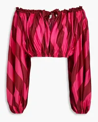 Zimmermann Cropped striped silk-satin off-the-shoulder top - Pink Pink