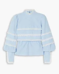 Anna Mason Mademoiselle Cece broderie anglaise-trimmed cotton-chambray blouse - Blue Blue