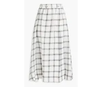 Wrap-effect checked linen midi skirt - White