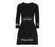 Embroidered satin-trimmed wool-crepe mini dress - Black