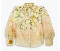 Floral-appliquéd printed linen and silk-blend blouse - Pink