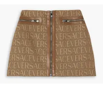 Versace Leather-trimmed canvas-jacquard mini skirt - Brown Brown
