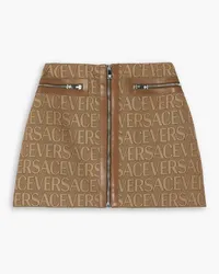 Versace Leather-trimmed canvas-jacquard mini skirt - Brown Brown