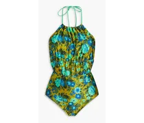 Gathered floral-print halterneck swimsuit - Yellow
