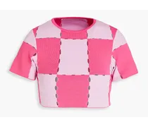 Gelato cropped checked laser-cut cotton-blend top - Pink