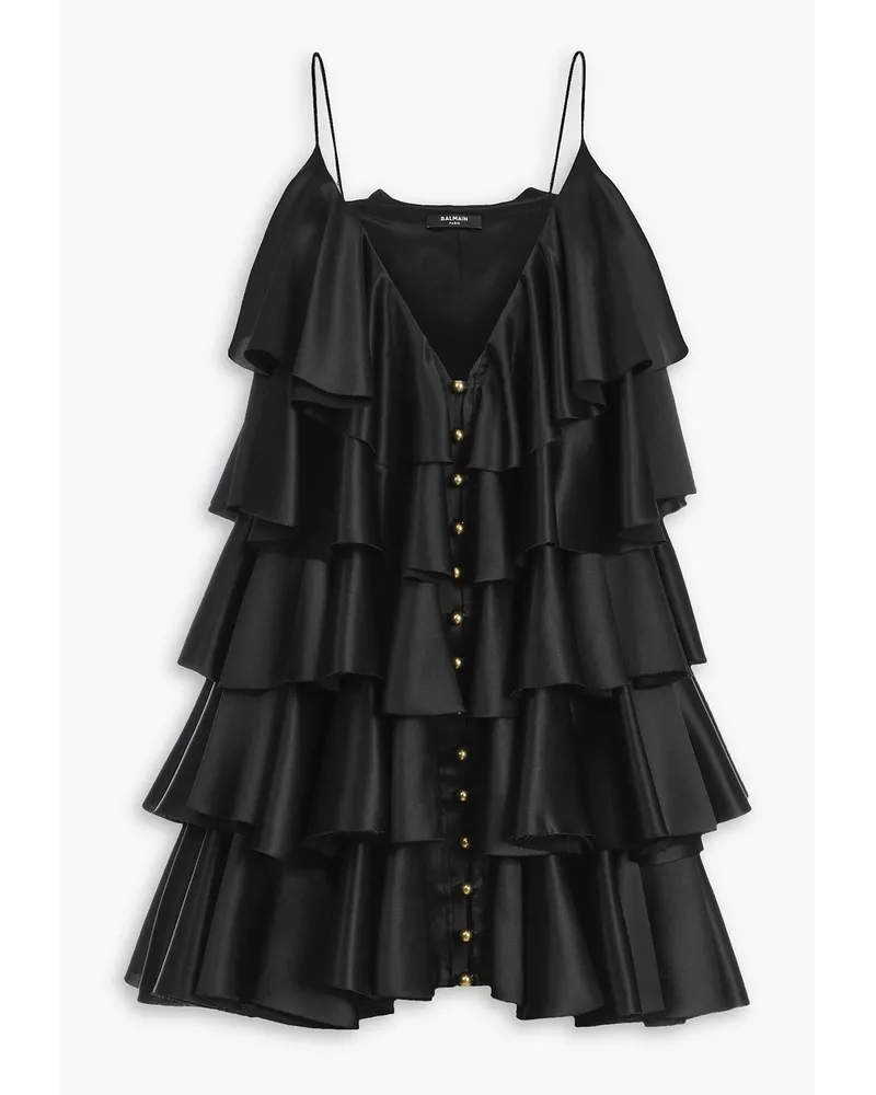 Balmain Tiered ruffled silk-satin mini dress - Black Black