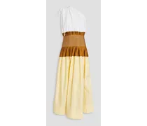 One-shoulder pleated cotton midi dress - White