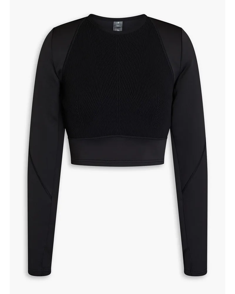 adidas Cropped logo-print ribbed-knit paneled tech-jersey top - Black Black