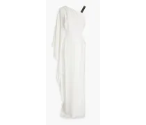 One-sleeve embellished draped crepe gown - White