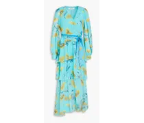 Silvia tiered floral-print crepe de chine midi wrap dress - Blue