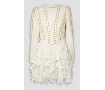 Ruffled lace-paneled embellished linen and silk-blend mini dress - White