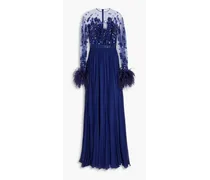 Embellished tulle-paneled voile gown - Blue