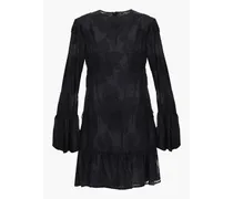 Gathered embroidered cotton-blend mini dress - Black