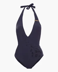 La Perla Cutout embroidered halterneck swimsuit - Blue Blue