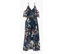 Asymmetric embellished silk crepe de chine maxi wrap dress - Blue
