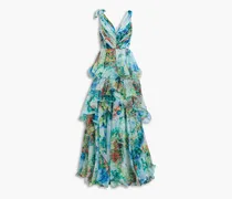 Tiered floral-appliquéd printed chiffon gown - Multicolor