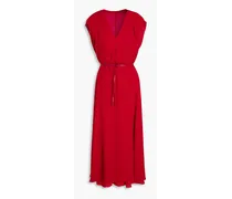 Leather-trimmed silk-crepe midi dress - Red