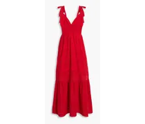 Alice Olivia - Levine smocked broderie anglaise cotton and linen-blend midi dress - Red