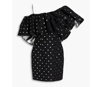 One-shoulder ruffled metallic polka-dot jacquard mini dress - Black