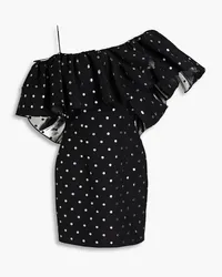 RASARIO One-shoulder ruffled metallic polka-dot jacquard mini dress - Black Black