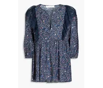 Lace-trimmed printed satin blouse - Blue