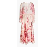 Pleated floral-print linen and silk-blend midi dress - Pink