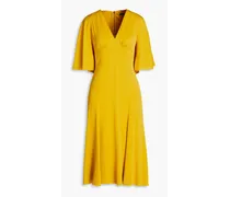 Gathered silk-blend crepe midi dress - Yellow