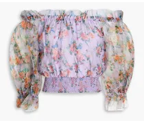 Alice Olivia - Off-the-shoulder smocked floral-print silk-organza top - Purple