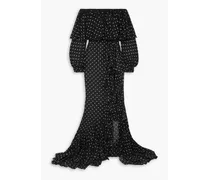 Off-the-shoulder ruffled polka-dot silk-chiffon maxi dress - Black