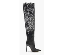 Debrah lace and leather over-the-knee boots - Black